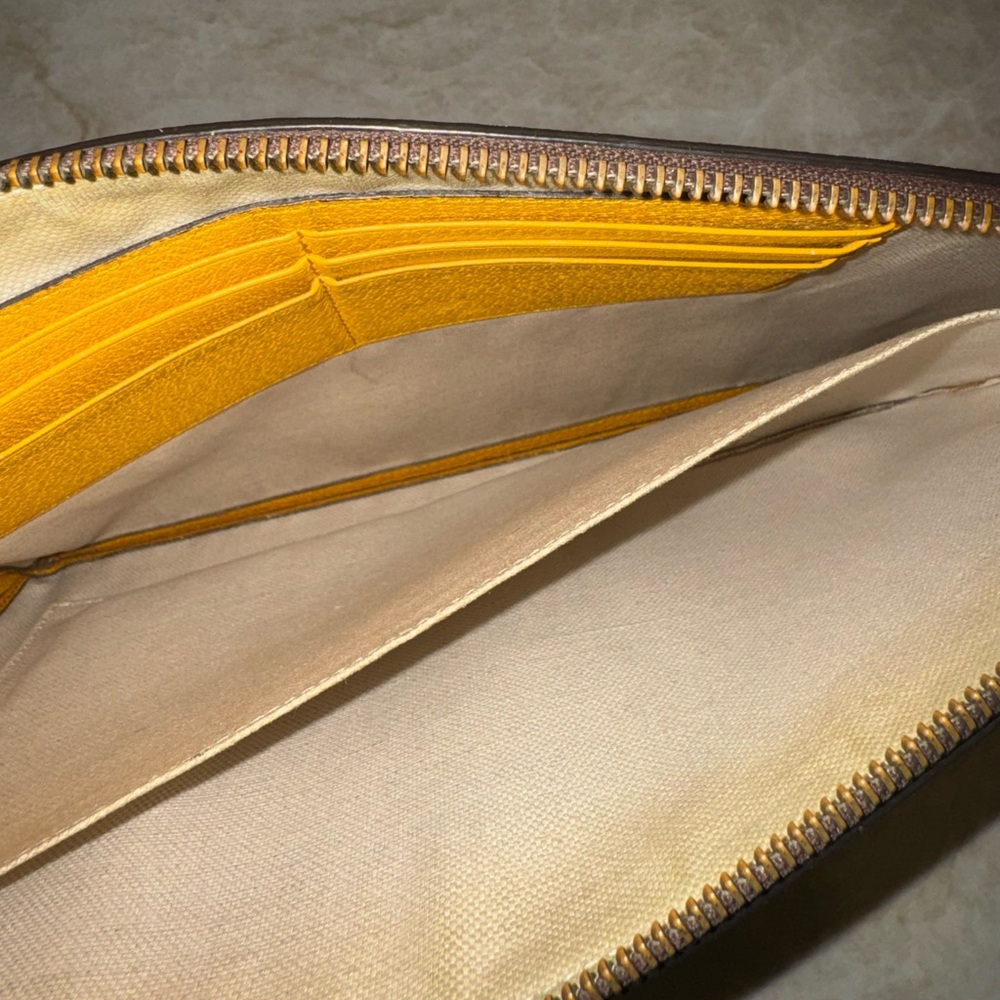 Gucci Brown GG Monogram Wristlet with Gold Logo and Yellow Strap - Picture 7 of 11